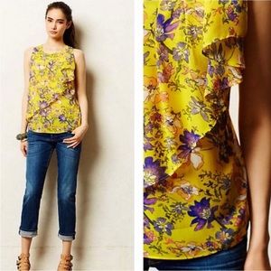 HD in Paris Anthropologie Sun Garden Yellow Floral Ruffle Tank Top Shirt Blouse